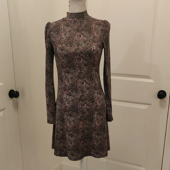 Paisley Pink/Black Soft Stretch Dress Elegant Floral Long Sleeve Dress XS - Picture 1 of 8